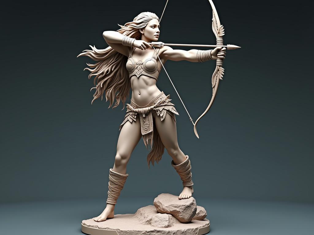 Resin sculpture depicting a powerful goddess inspired by Sagittarius. She stands dynamically with a bow. One leg is forward; her torso is turned. Light tribal armor with leather and feather details. Long hair blowing in the wind. Quiver of decorated arrows hangs from her back. Bow features ancient symbols. Base looks rocky, suggestive of a mountaintop. Epic and detailed design consistent with Zodiac Queens themes.