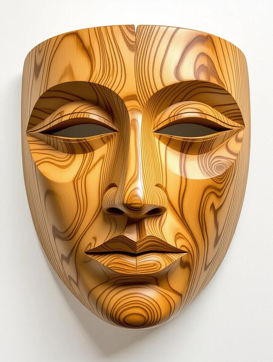 A Roman-style mask carved from olive wood. The mask has a fine grain and a smooth finish. Details around the eyes and mouth are deep and textured. The grain is visually interesting, and shading highlights the carved features. The mask has a lifelike appearance.