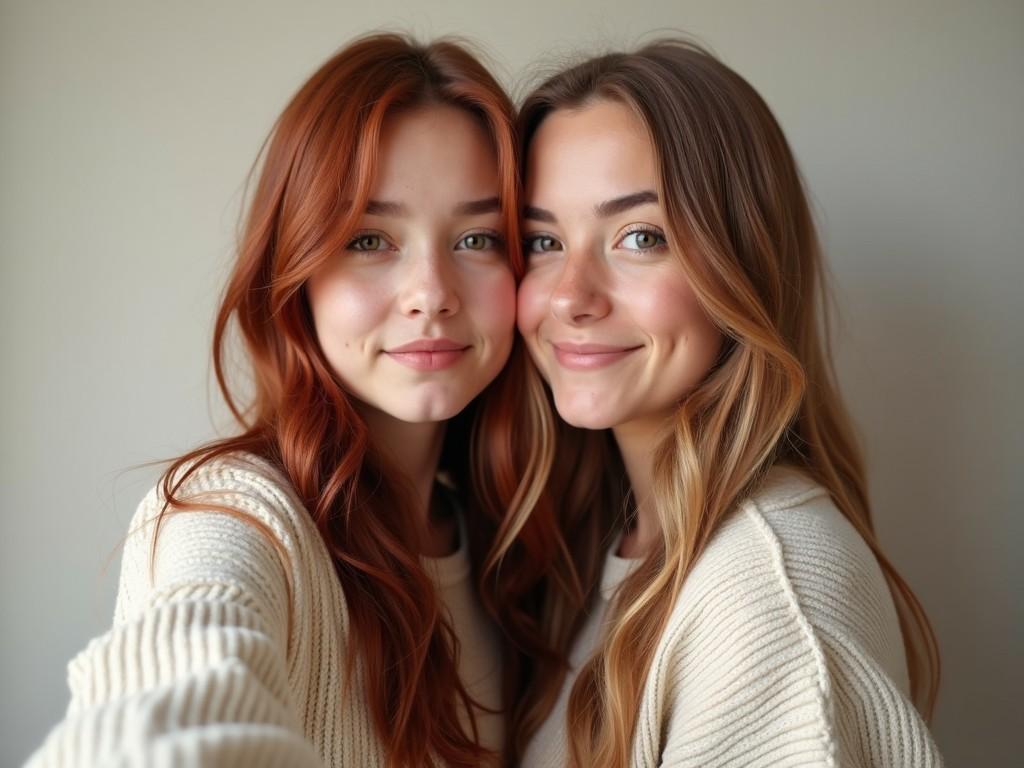 A selfie features two young women with different hair colors. The first woman has long, smooth, disheveled dark reddish-brown hair, while the second has short, light-colored hair. Both are dressed casually in comfortable sweaters and smile warmly into the camera. The background is neutral and soft, allowing the focus to remain on their joyful expressions. This image captures the essence of friendship and youthful beauty in a simple yet elegant manner.