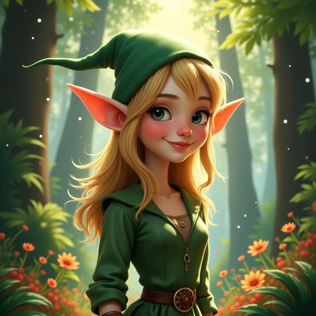 A cute elf in a green outfit in a magical forest. The elf has pointed ears and long blonde hair. Background features trees and flowers.