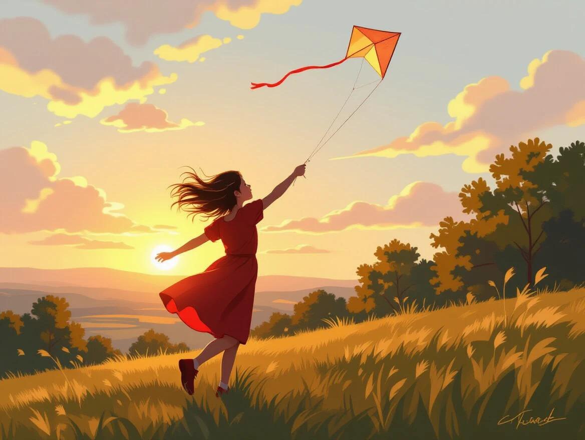 A girl runs on a hill flying a kite during sunset. She wears a red dress. Wind moves through her hair. Soft golden light surrounds her. Trees create a serene background.