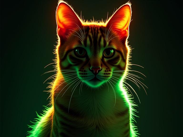 A cat is illuminated from behind, glowing with neon green and orange colors. The design features a wire frame style and is taken in a studio setting.