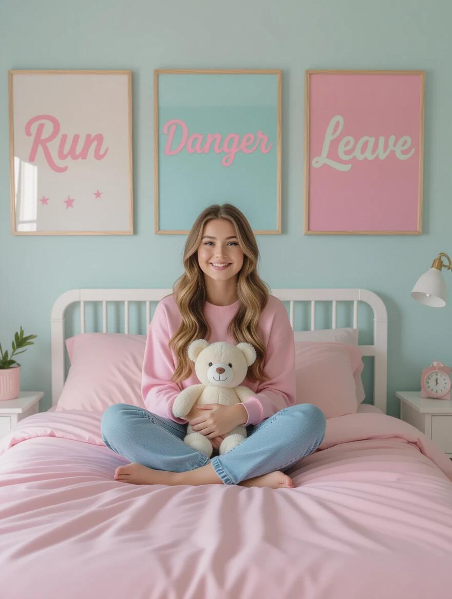 Pastel-colored bedroom features posters with text. Soft cursive font displays RUN, DANGER, LEAVE. Smiling girl sits on bed wearing a pink sweater. Holds a soft teddy bear. Ambiance evokes soft horror aesthetic.