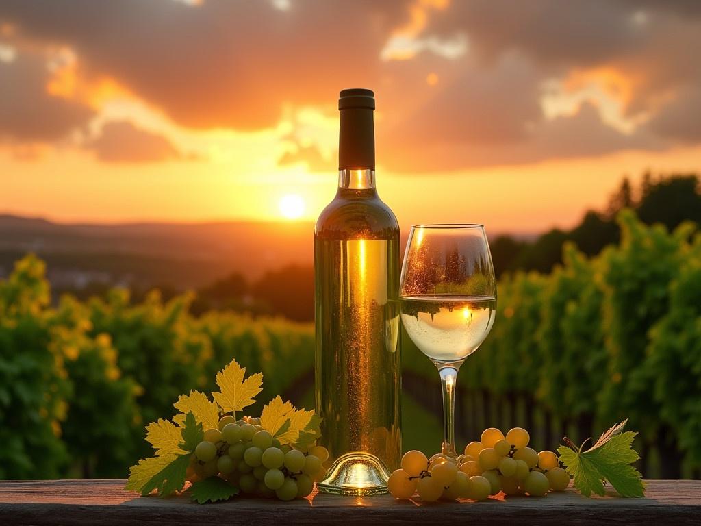 The image features a bottle of white wine without a label, elegantly displayed next to a glass filled with the same wine. Behind the wine, the backdrop showcases a beautiful vineyard bathed in the warm hues of a sunset. The setting sun casts a golden light over the lush green grape leaves and ripe grapes scattered nearby. The dramatic sky is filled with vibrant clouds that enhance the tranquil evening atmosphere. The scenic vineyard stretches out into the distance, creating a picturesque rural landscape.