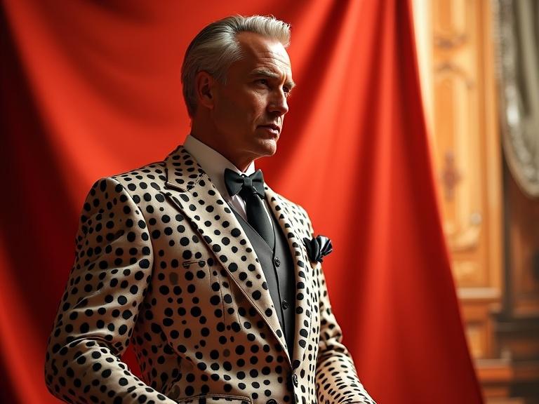 A stylish man in a polka dot suit stands elegantly in a professional studio setting. The backdrop is a vibrant red curtain creating a warm invitation. The suit features intricate patterns with precise details. The lighting showcases luxurious textures.