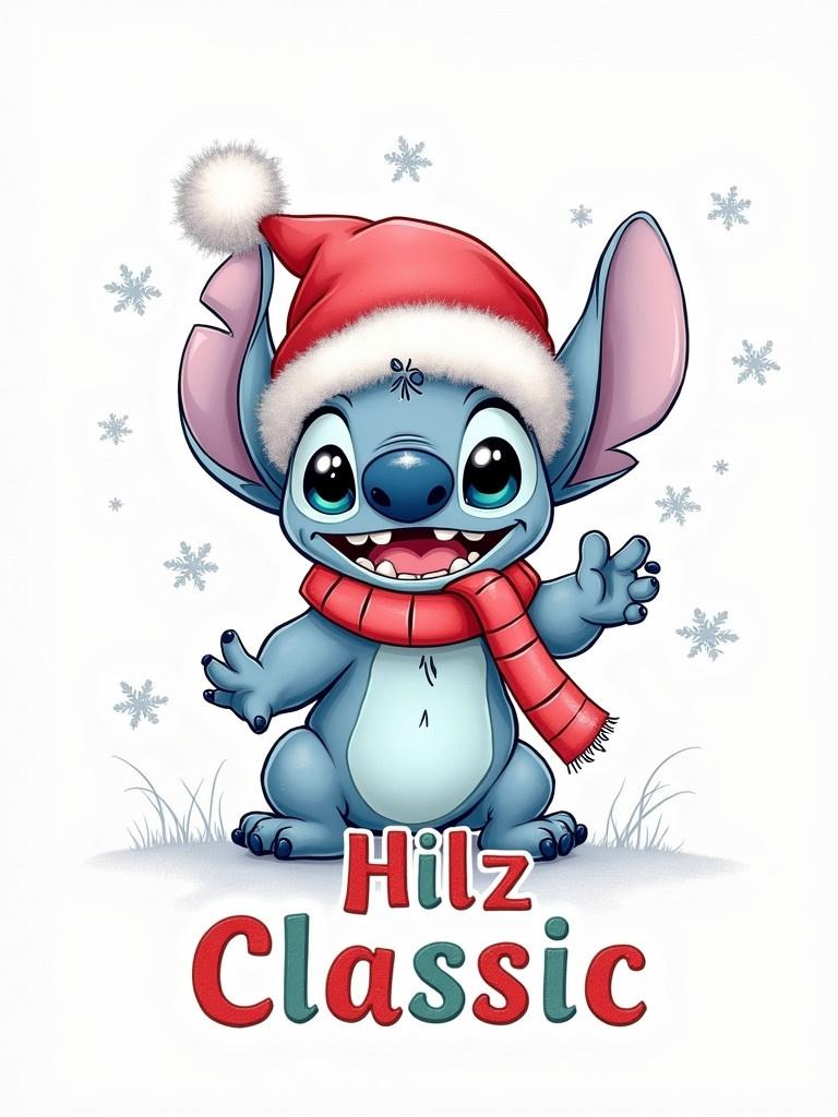 Stitch character wears a Christmas hat and scarf. Stitch has a cheerful expression. Name 'Hillz Classic' shown in colorful letters. Snowflakes fall in the background.