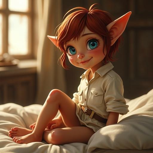 A cute female elf with short auburn hair and big blue eyes sits on a bed in a warmly lit medieval-style bedroom. She has caramel toned skin, tusks, and pointed ears. She wears a slightly oversized white button-up shirt and a beige skirt. Her legs are shiny. She looks relaxed and happy, with a gentle smile. The setting is fantasy with clean lighting and soft shadows, showcasing detailed fabric and skin texture in semi-realistic style.
