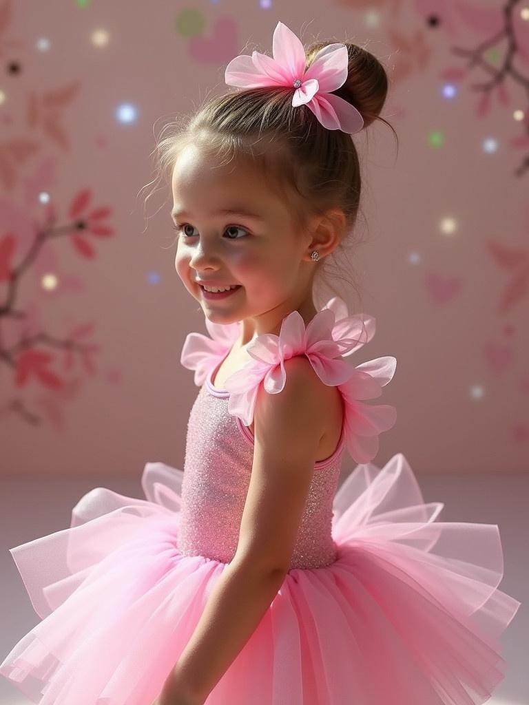 Image of a little girl in a pink tutu dress. She has matching hair accessories. The background features soft pastel colors with floral patterns. The scene captures the essence of a dance recital atmosphere.