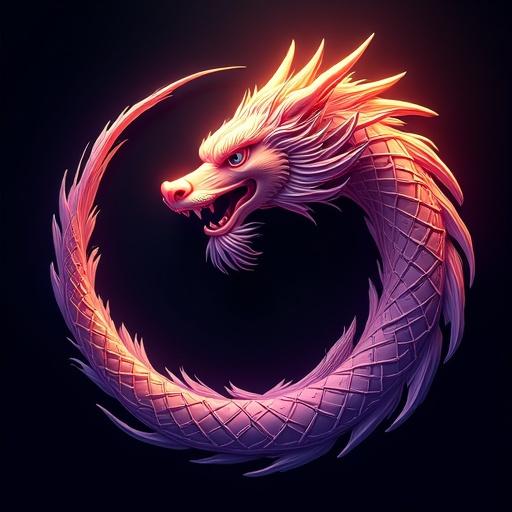 Highly detailed Asian dragon in realistic 3D and vector style. Seen from above, coiled in a perfect spiral. Tail forms a vortex leading to the center of the circle. Dragon design retains traditional structure: majestic head with whiskers, elongated body coiling into the tail at the deep center. Use mystical color palette: deep purple, bright violet, radiant gold, white light accents, brilliant shadows, highlights for volume. Background completely black for contrast and symbolism. Artistic, spiritual, symbolic style with realistic lighting, mystical and powerful atmosphere.
