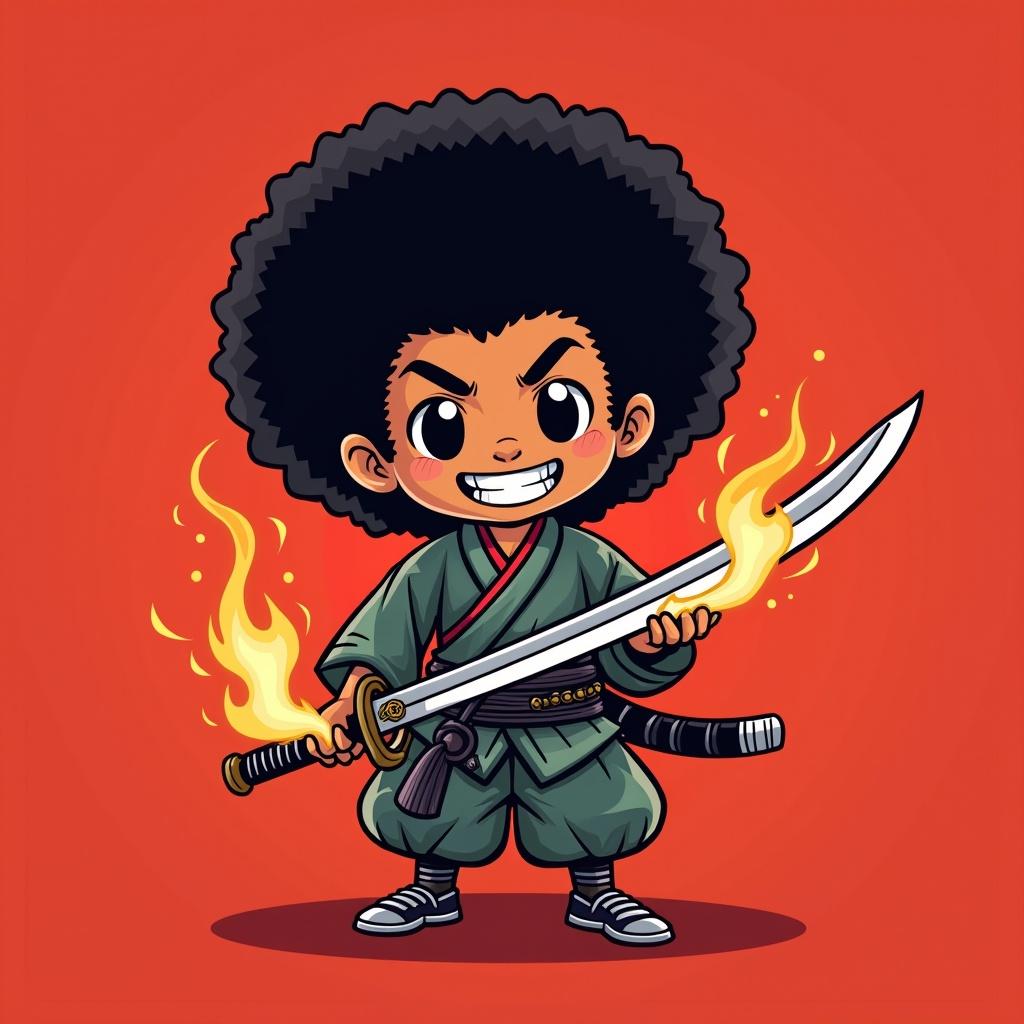 Cartoon image depicts a samurai with afro hairstyle. Character expresses enthusiasm while holding a silver flaming sword. The background is bright crimson red. Emphasis on Japanese warrior theme.