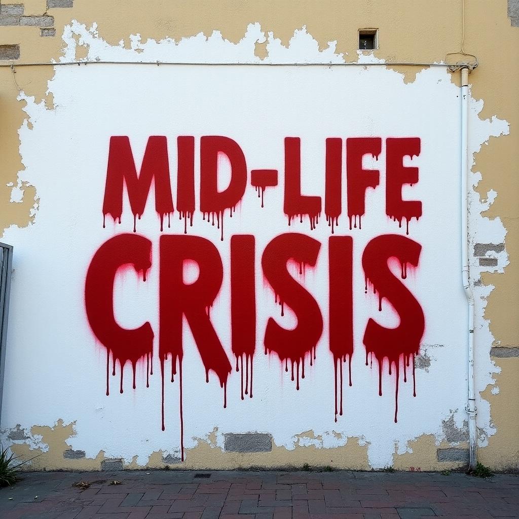 Graffiti on a white washed wall. The phrase Mid-Life CRISIS is painted in vibrant red. The paint appears to be dripping. The wall shows signs of weathering and age.