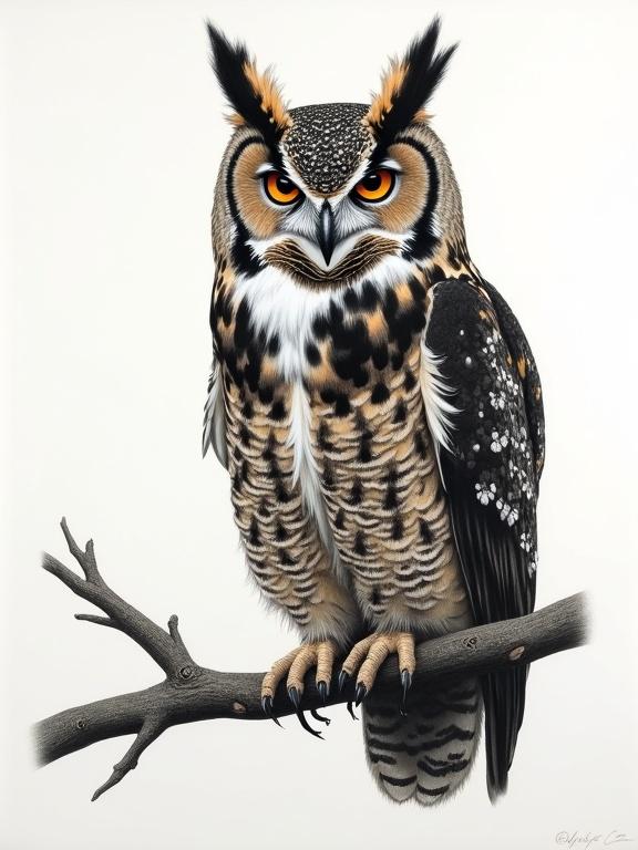 A detailed drawing of a great horned owl perched on a branch. The owl has vibrant colors and intricate details. The branch is also depicted with rich textures. The background is light to accentuate the owl.