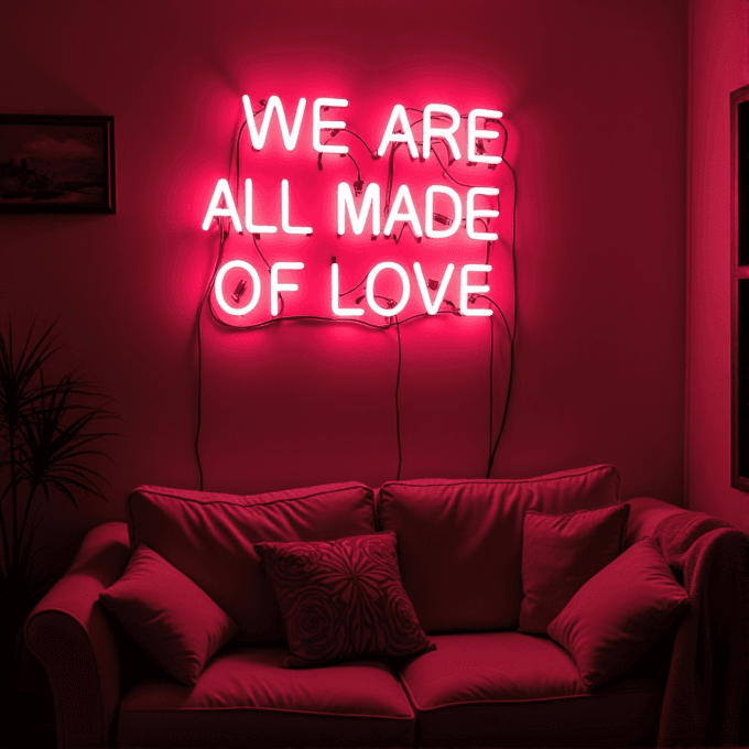 A neon sign with the words 'WE ARE ALL MADE OF LOVE' hangs above a cozy pink couch.