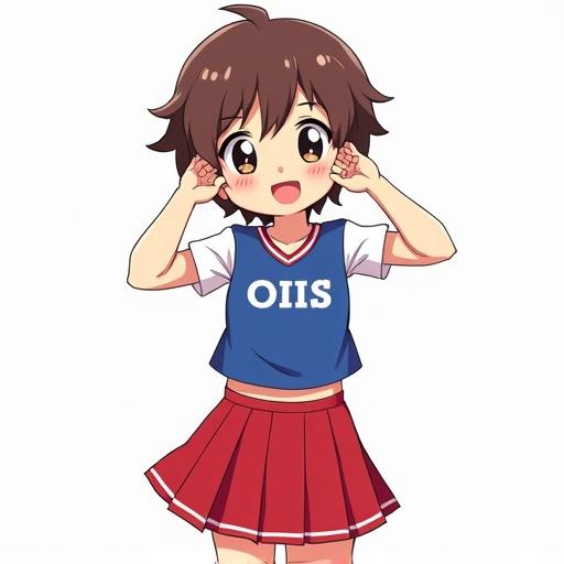 Kawaii Anime-style boy in red mini skirt and blue cheerleader outfit poses cheerfully. He has very short brown hair swept to the side and hands near his head.