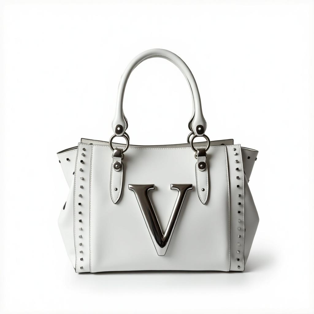 The image displays a luxurious Valentino handbag characterized by its striking oversized design. It features a bold silver metallic 'V' logo that serves as the central focus. The bag is embellished with 4D studs that provide a futuristic aesthetic. Polished acrylic pieces enhance its modern look. Set against a clean white background, the handbag exudes sophistication and elegance.