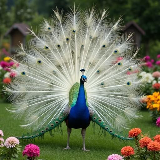 A peacock displays its magnificent tail in a colorful flower garden. The peacock features stunning white and green feathers. The background is filled with various blossoms providing a vibrant setting.