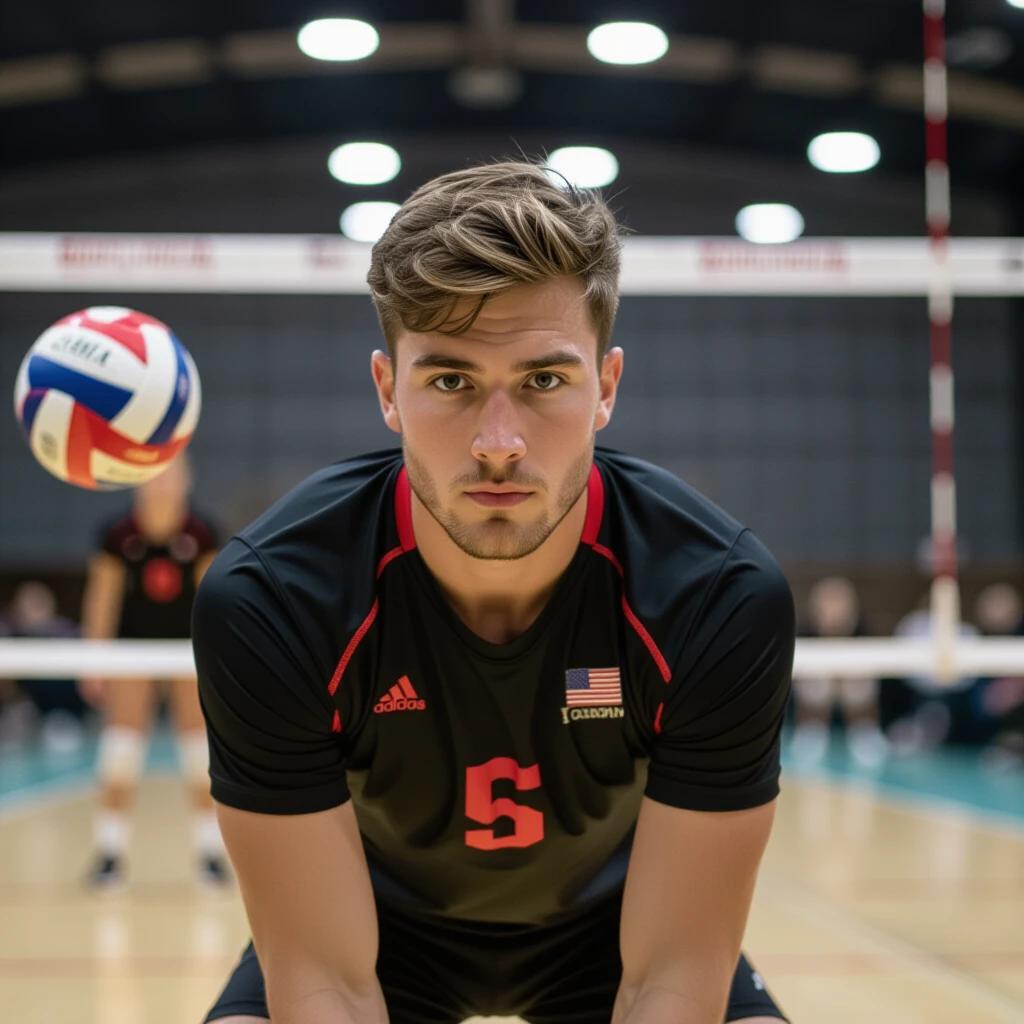 5-foot-7 male volleyball player in black uniform with red accents. Stares intently into the camera. Dark blurred background. Volleyball net behind. Focus on body's movement in slow motion. Highlights muscle tension and concentration at moment of impact.