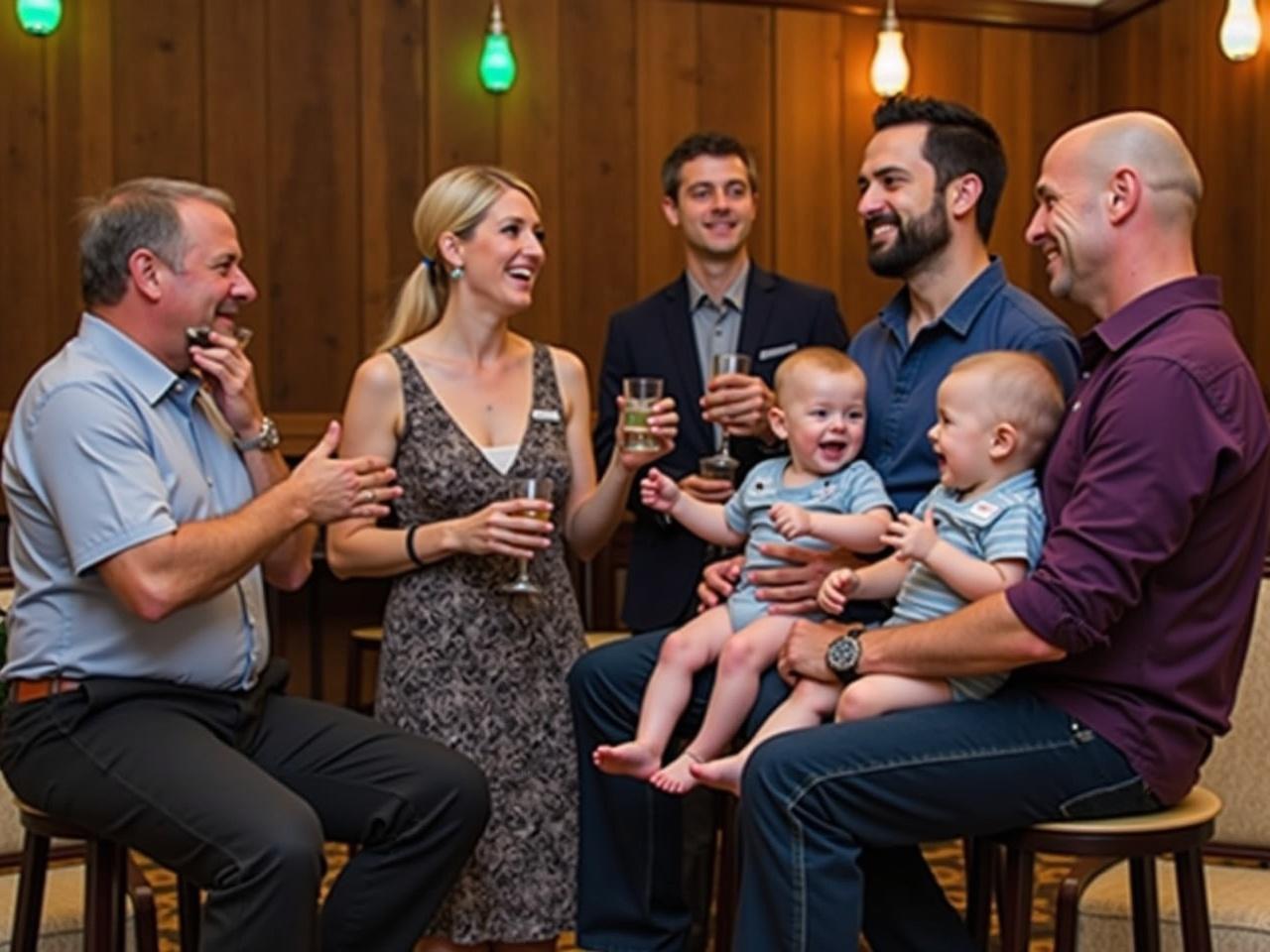 The image shows a lively indoor gathering. Several adults are engaged in conversation and holding drinks, creating a festive atmosphere. A man sitting on a stool is animatedly talking to another man who appears to be listening intently. There is a man holding two babies on his lap, both of whom are smiling, adding a joyful touch to the scene. A woman in a dress stands nearby, seemingly enjoying the moment while observing the interactions. The background features wooden walls and colorful lights, enhancing the warm, cheerful setting of the gathering.