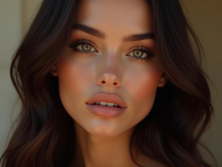 Beautiful AI woman with olive-toned smooth skin. She has large almond-shaped hazel eyes. Full glossy lips are featured. Long wavy dark brown hair cascades around her face. Symmetrical face displays high cheekbones and a slender nose. Slightly arched brows complement subtle makeup with smoky eyeshadow and nude lips. Calm seductive expression radiates charm. Cinematic lighting enhances her beauty. Influencer style exemplified in this image.