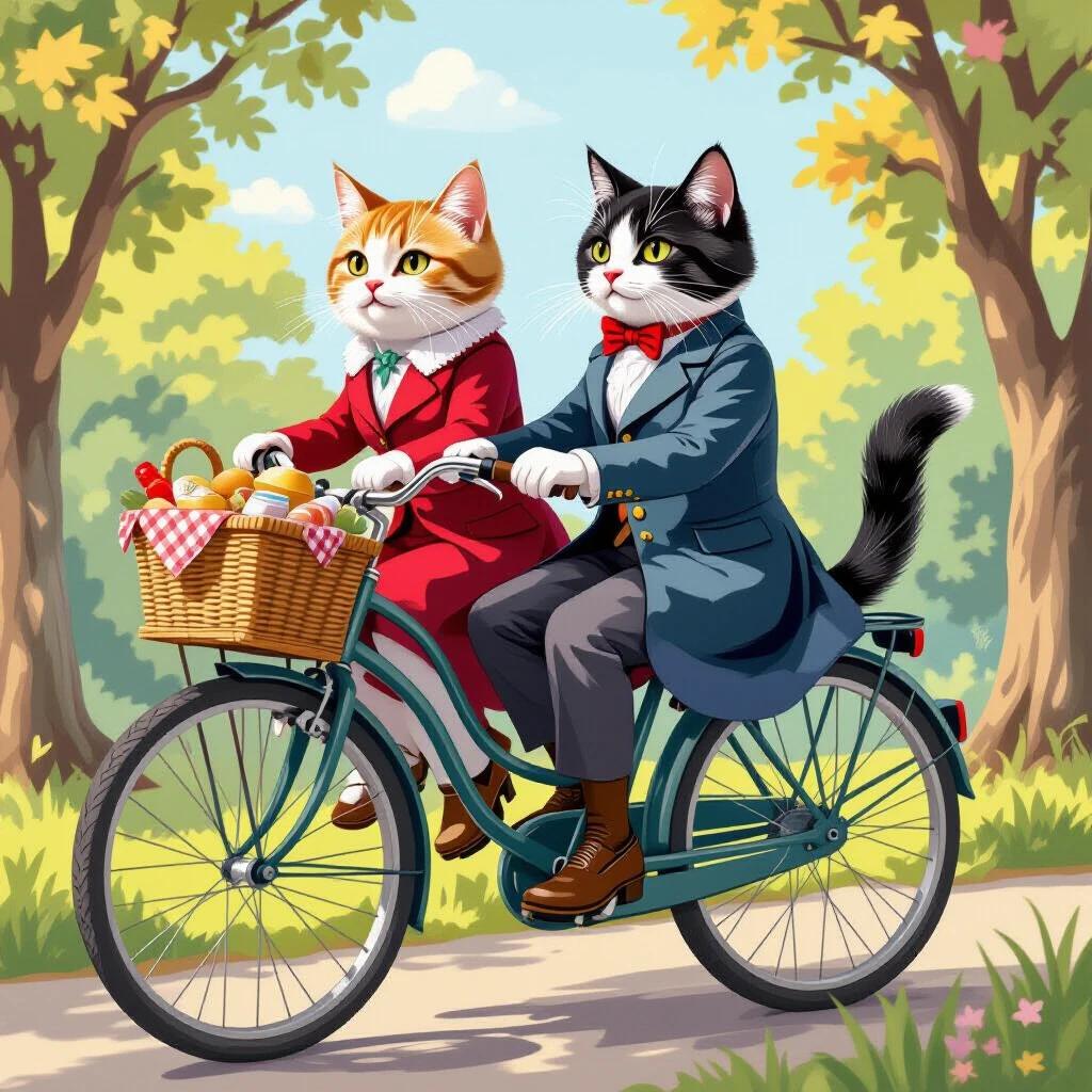 Two cats ride a vintage bicycle. Cats wear English clothes. Bicycle has a picnic basket filled with items. The scene depicts a sunny day in a park.