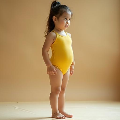 A chubby teenage girl in a yellow gymnastic unitard, barefoot, standing on a mat. She has a playful expression and is posed gracefully against a plain backdrop. The style is portrait photography with a 4:3 aspect ratio.