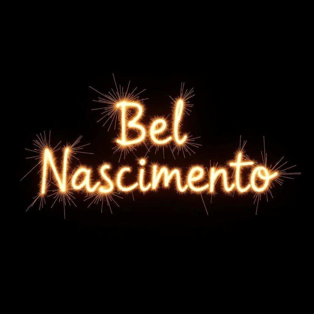 Text in sparkler style spells out 'Bel Nascimento'. Solid black background enhances golden letters. Energetic sparks surround the lettering creating a festive vibe.