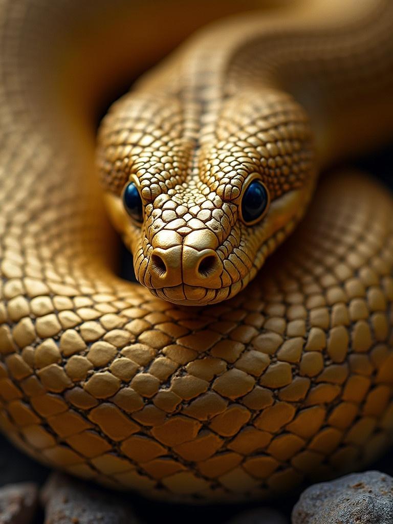 A close-up view of a gold-colored snake. The snake has intricate scales and striking blue eyes. The image captures the texture of the skin and the snake is coiled on a dark surface.