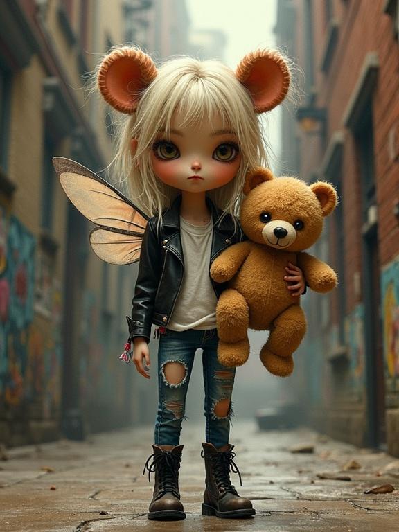 Pixie fairy with teddy bear in a city alley. Soft glowing wings. Wearing ripped jeans and leather jacket.