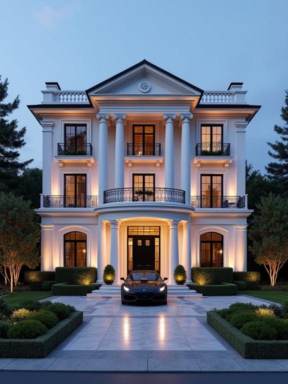 This luxurious three-story white villa features elegant neoclassical architecture. The house glows under ambient twilight lighting with decorative columns and modern black windows. Multiple balconies are adorned with plants. The landscaped garden includes artistic shrubs and glowing pathway lights. A sleek black car is parked in the driveway. This villa design showcases a blend of luxury and serenity.