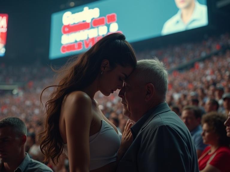A crowded stadium scene. A beautiful young woman with a curvy figure leans her head on an older man's forehead. Both show signs of embarrassment while being observed by a crowd. A jumbotron displays overlay text suggesting a humorous scenario involving a concert. The lighting is striking with high contrast. The overall composition is dramatic and emotional.
