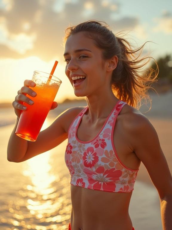 Young athlete wearing sportswear drinking a cold beverage while moving. Sunny beach setting with a dynamic and energetic vibe. Bright and vibrant colors with a sense of motion.