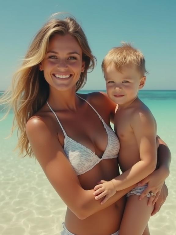 Mother holding son on the beach. Mother is wearing a bikini. The scene captures a sunny day at the beach. The water and sand create a peaceful atmosphere.
