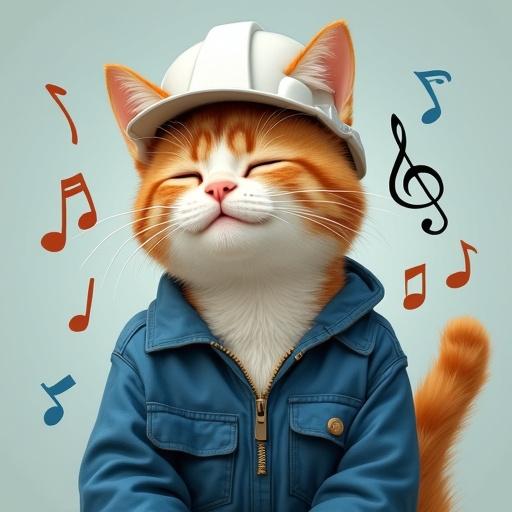 A semi-realistic cat wearing a white hard hat and a blue work jacket. The cat has its eyes closed and looks cheerful. Musical notes are arranged around its head as it sways happily.