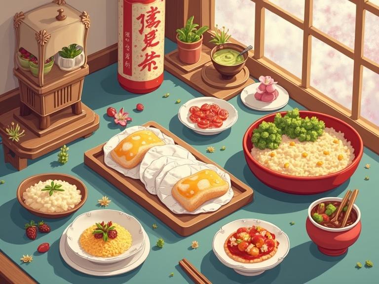 A table filled with beautifully arranged traditional Asian dishes. The scene features rice, dumplings, and colorful vegetables with tea and decorations. Natural light enhances the inviting atmosphere.