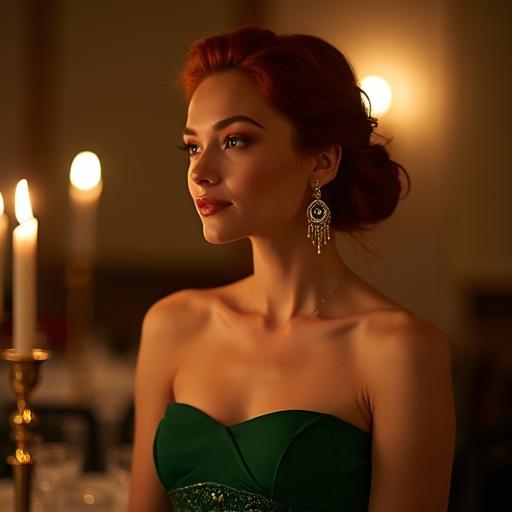 Sophisticated redhead styled in an emerald gown adorned with art deco earrings. The scene is illuminated by candlelight, creating a warm romantic atmosphere for a dinner setting.