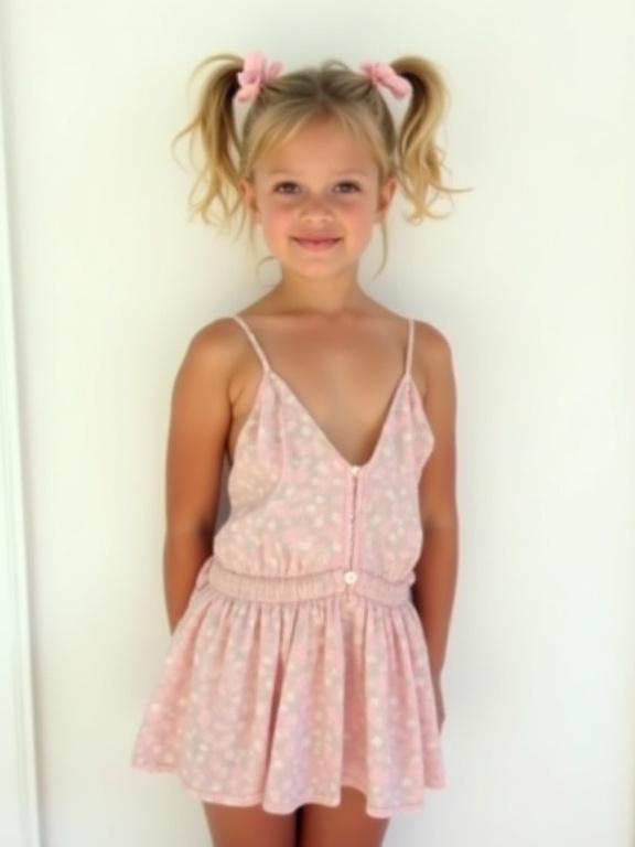 Full body photo of a girl wearing a mini sundress. Background is white. Girl has blonde hair styled in twintails with bows. She is smiling and looking at the camera. Dress is light pink with a floral pattern. The photo has a soft and pixelated quality, with bright colors and a playful vibe.