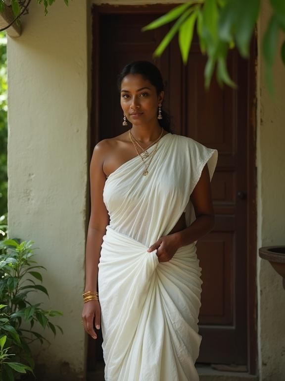 Interior portrait of a woman wearing a white sarong after bath. She stands against an off-white wall and wooden door. Her jewelry is visible. Natural light enhances the scene's cultural essence.