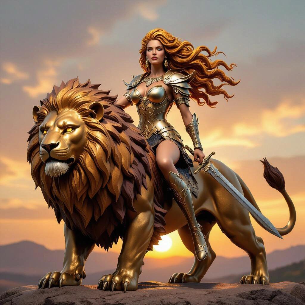 Resin sculpture of a powerful goddess sitting on a giant lion. She symbolizes the Leo sign with a majestic presence. Long, wavy, golden hair like a wild mane. Shining armor inspired by claws. Exposed legs create elegance. Large sword in right hand pointing down. Fierce, proud expression. Lion in attack posture with bright eyes and fiery mane. Figure connects to a rocky base with solar symbols. Heroic pose with epic drama. High detail for 3D printing.