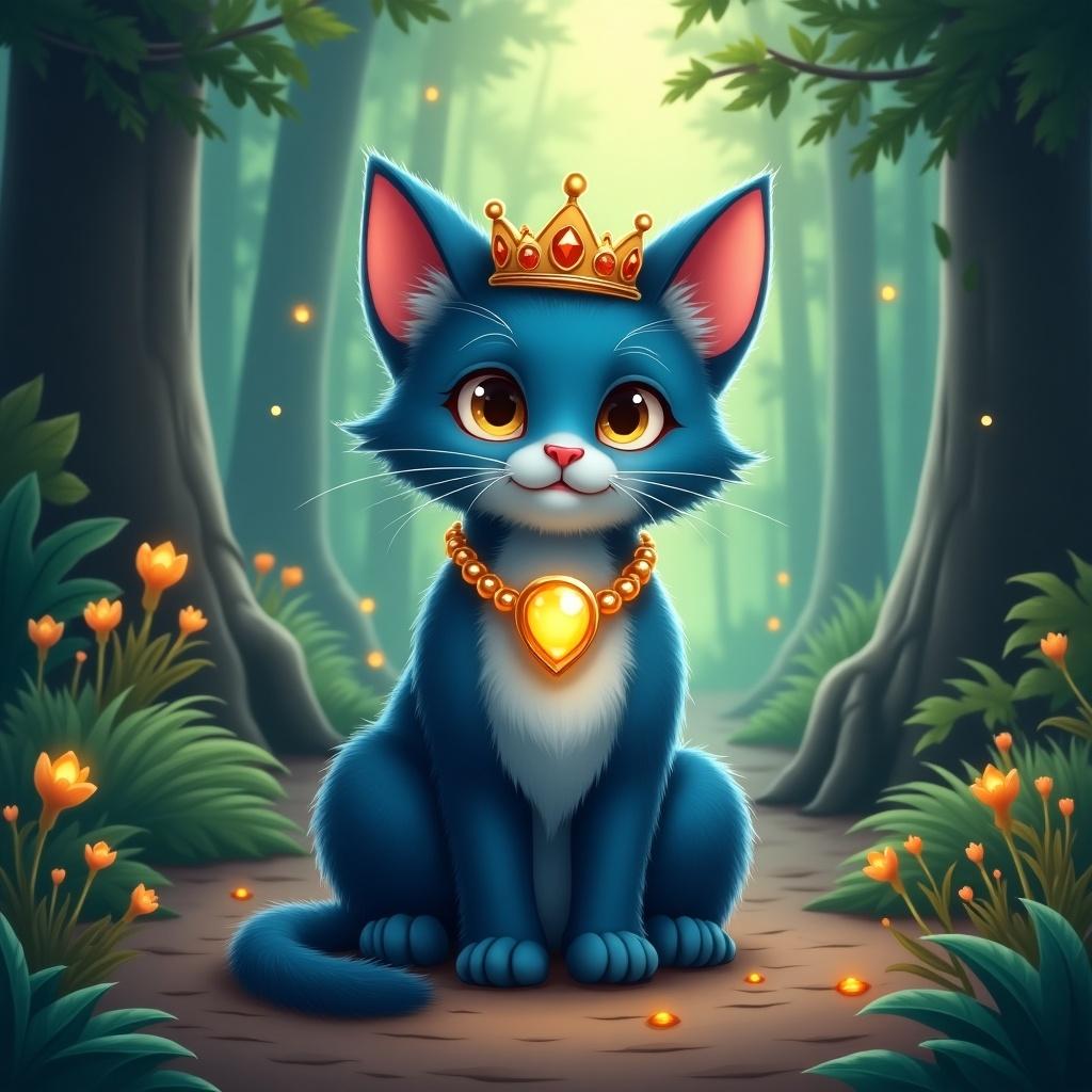 Whimsical illustration of a blue-furred cat with a golden crown and glowing gemstone necklace. Cat sits on forest path surrounded by luminescent plants. Gentle hues of green and orange create an enchanting atmosphere.