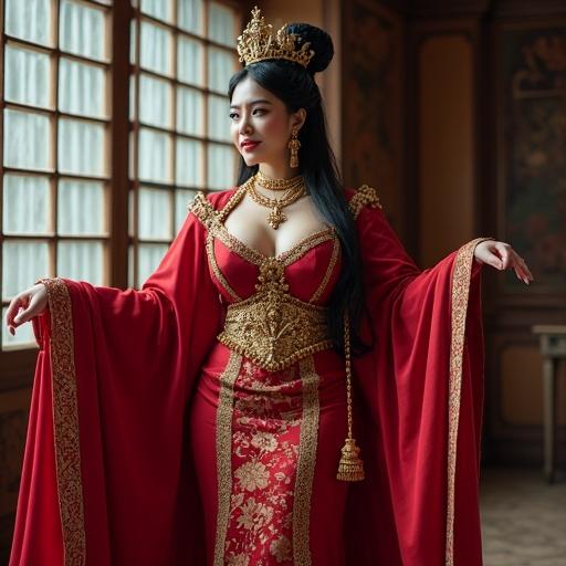 ultra realistic portrait of a woman in a red cosplay dress inspired by Empress Boa Hancock from One Piece