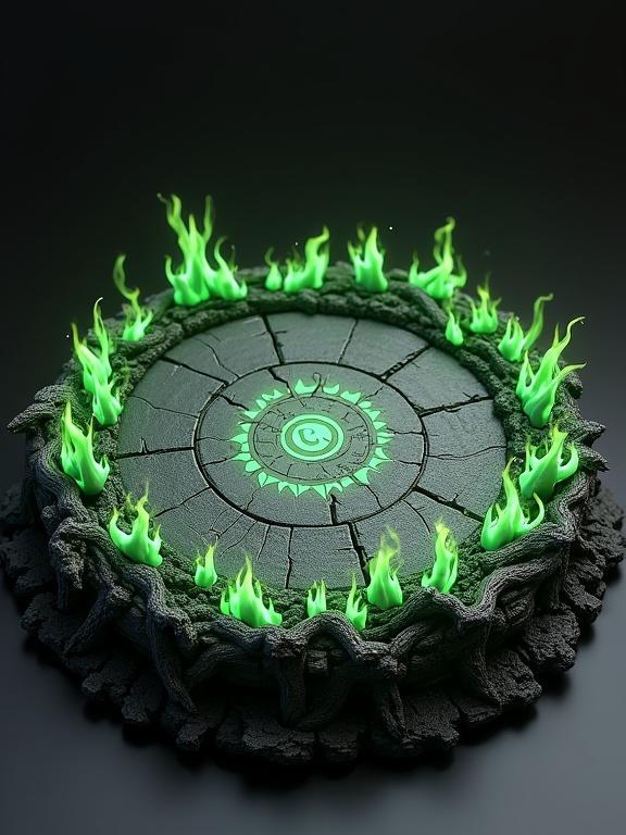 Circular base designed for 300mm Dark Sorceress figure. Black stone with glowing green cracks. Twisting roots with thorns and moss surround edges. Magical symbols are etched and illuminated in green. Decorative spikes and fragments of columns present. Realistic details and textures create a Gothic and mystical appearance.
