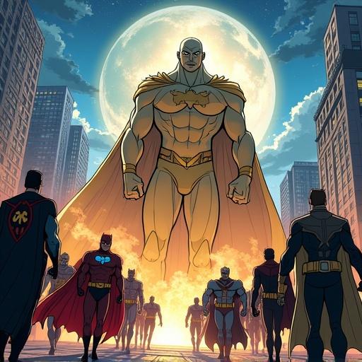 Giant Sandman battles Mordru in Metropolis. Justice League characters stand united against small Mordru army. Comic-style illustration features city backdrop.