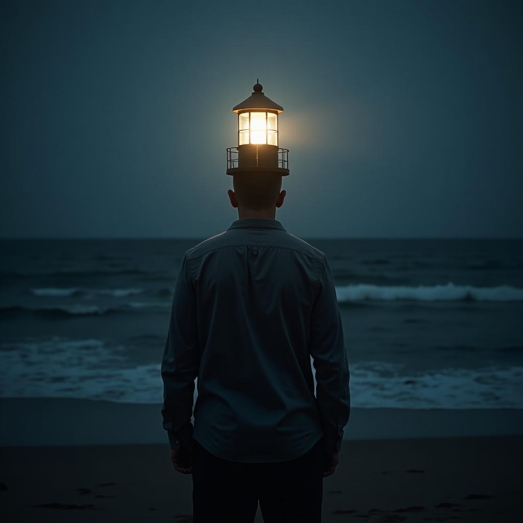 Image of a man standing on a dark beach with a lighthouse on his head. The lighthouse emits a bright light. Captures a surreal and mysterious atmosphere.