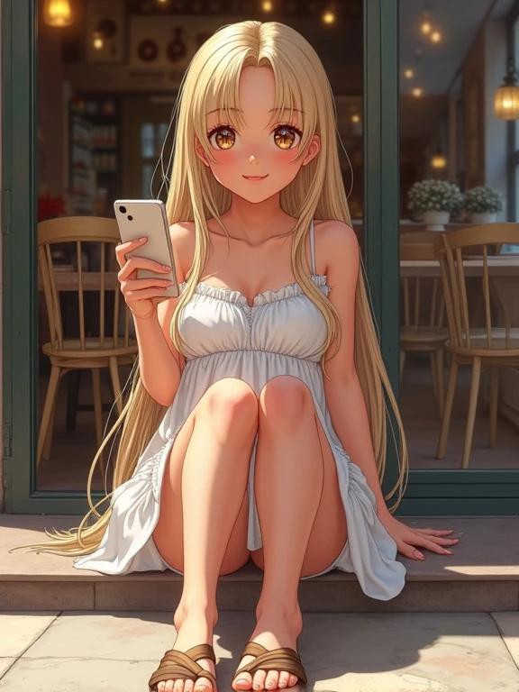 Photo of a girl in a sundress at a coffee shop. She has long blonde hair and is smiling while looking at her smartphone. Sitting casually on the floor with legs crossed wearing sandals. Warm ambiance is visible in the cafe.