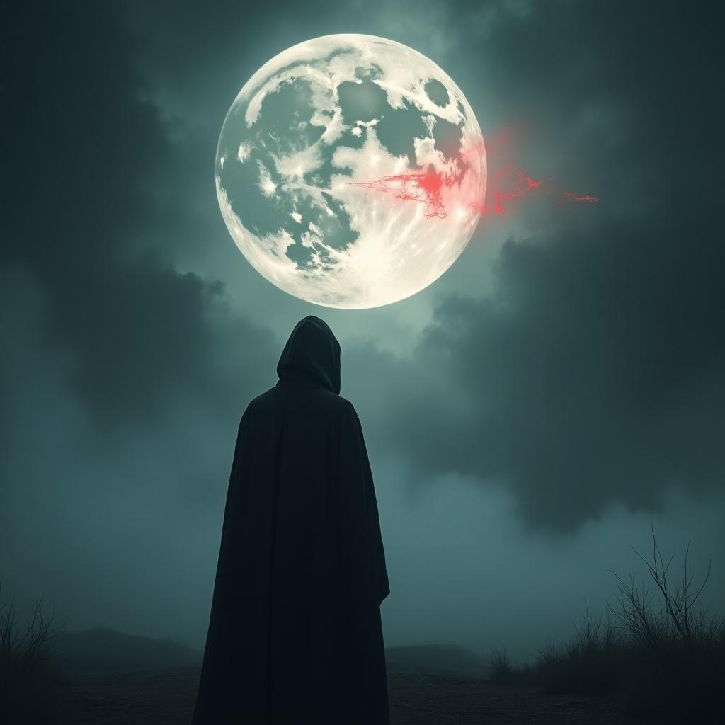 A mysterious figure cloaked in dark robes stands in the foreground, gazing upwards at a large, luminous moon. The moon, dominating the cloudy night sky, is marred by a dramatic and eerie red smear, suggesting a supernatural event. The scene is enveloped in an atmospheric mist that enhances the sense of otherworldly mystery. The overall color palette is dark, with striking contrasts between the bright moon and the shadowy surroundings. The figure appears contemplative, lost in thought while the night holds an air of suspense and intrigue.