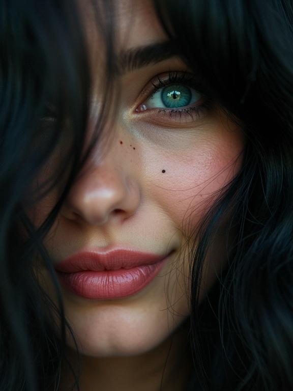 Extreme close up macro photo with heavy film grain of a 30 year old French Italian woman tilting her head to the right playfully. Long black hair draped over one eye in huge waves. Camera extremely close to her piercing turquoise eyes as she leans in and smiles shyly.