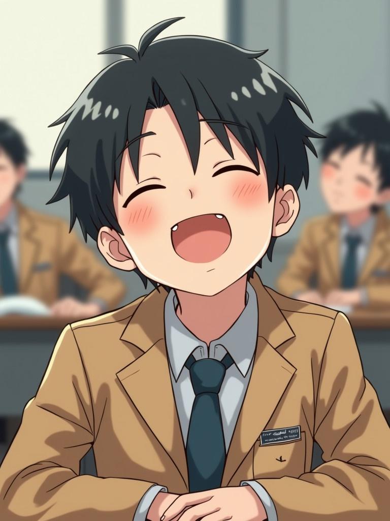 Illustration features a male student from Chien-Kuo High School. He wears a camel-colored khaki school uniform. The student is tilting his head back and has his mouth opened. The illustration focuses on his upper body. A classroom desk is visible in the background. This is a lighthearted and respectful depiction of school life.