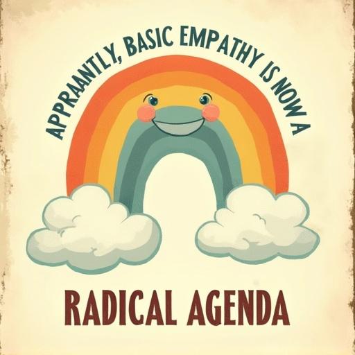 Vintage cartoon poster illustration featuring a happy rainbow character with puffy clouds. The rainbow has simple dot eyes and a cheerful smile. Style reflects 1940s animation. Faded color palette with dusty teal, warm orange, and soft yellow on a textured background. Arched text above reads 'APPARENTLY, BASIC EMPATHY IS NOW A' and straight text below says 'RADICAL AGENDA' in retro font. Overall vibe is whimsical and ironic.