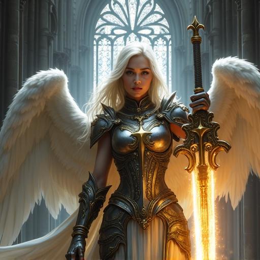 A highly detailed digital painting shows a powerful female angelic warrior with long platinum blonde hair. She has flawless skin and large expressive eyes conveying strength. Clad in ornate silver and black armor with intricate designs including a golden cross. Her right hand holds a massive gleaming sword with a fiery golden blade. Her left arm is raised, and she has large white feathered wings extending from her back. Background features a dark gothic cathedral with arched windows and stained glass designs, creating a dramatic atmosphere.