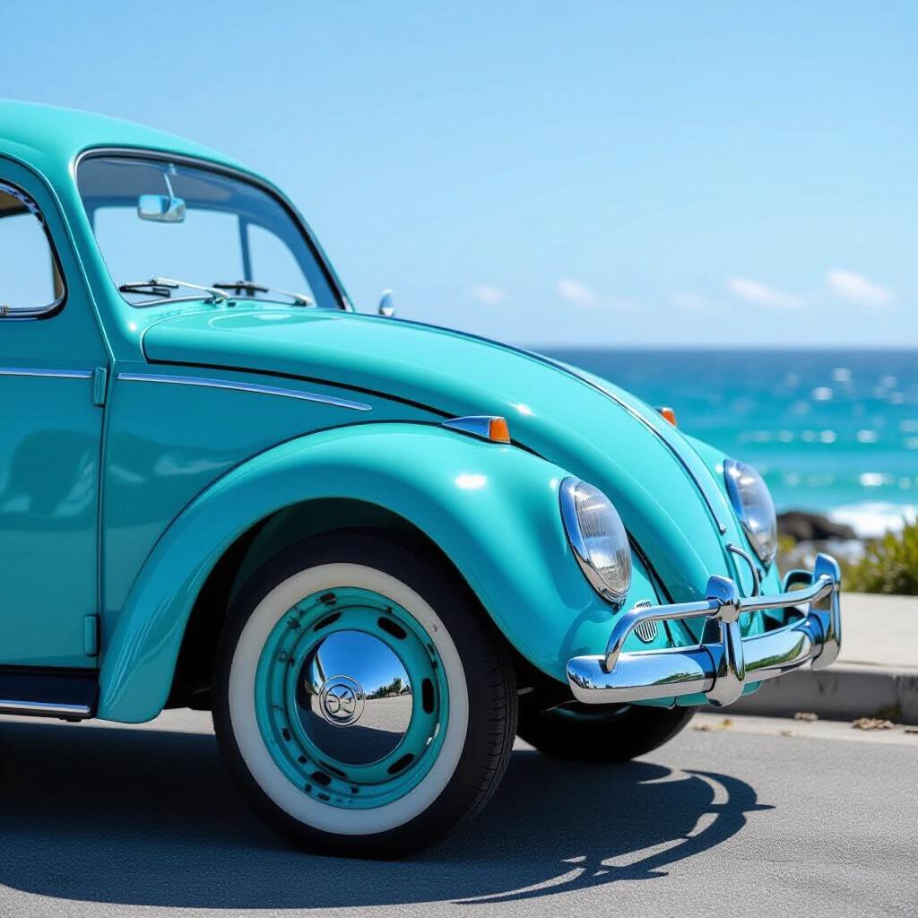 A 1948 Volkswagen Beetle painted in custom turquoise parked by the turquoise ocean coast. A bright sunny day enhances the colors. The image captures water droplets on the Beetle's hood and the grain texture of the Bakelite steering wheel. The ocean waves crash against cliffs in the background with a long exposure mist effect.
